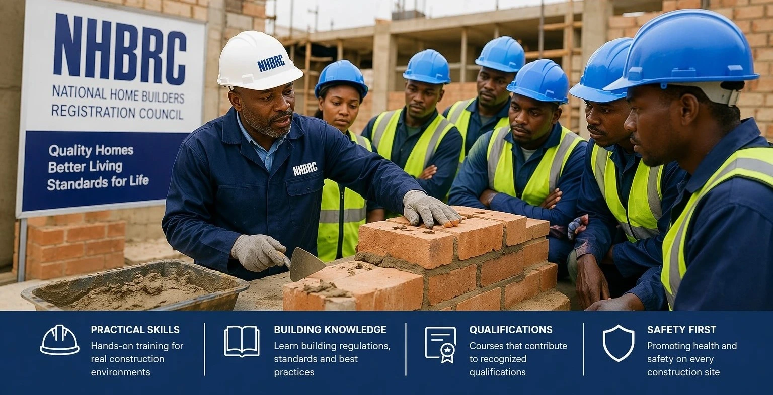NHBRC training in South Africa showing builders learning construction skills and regulations
